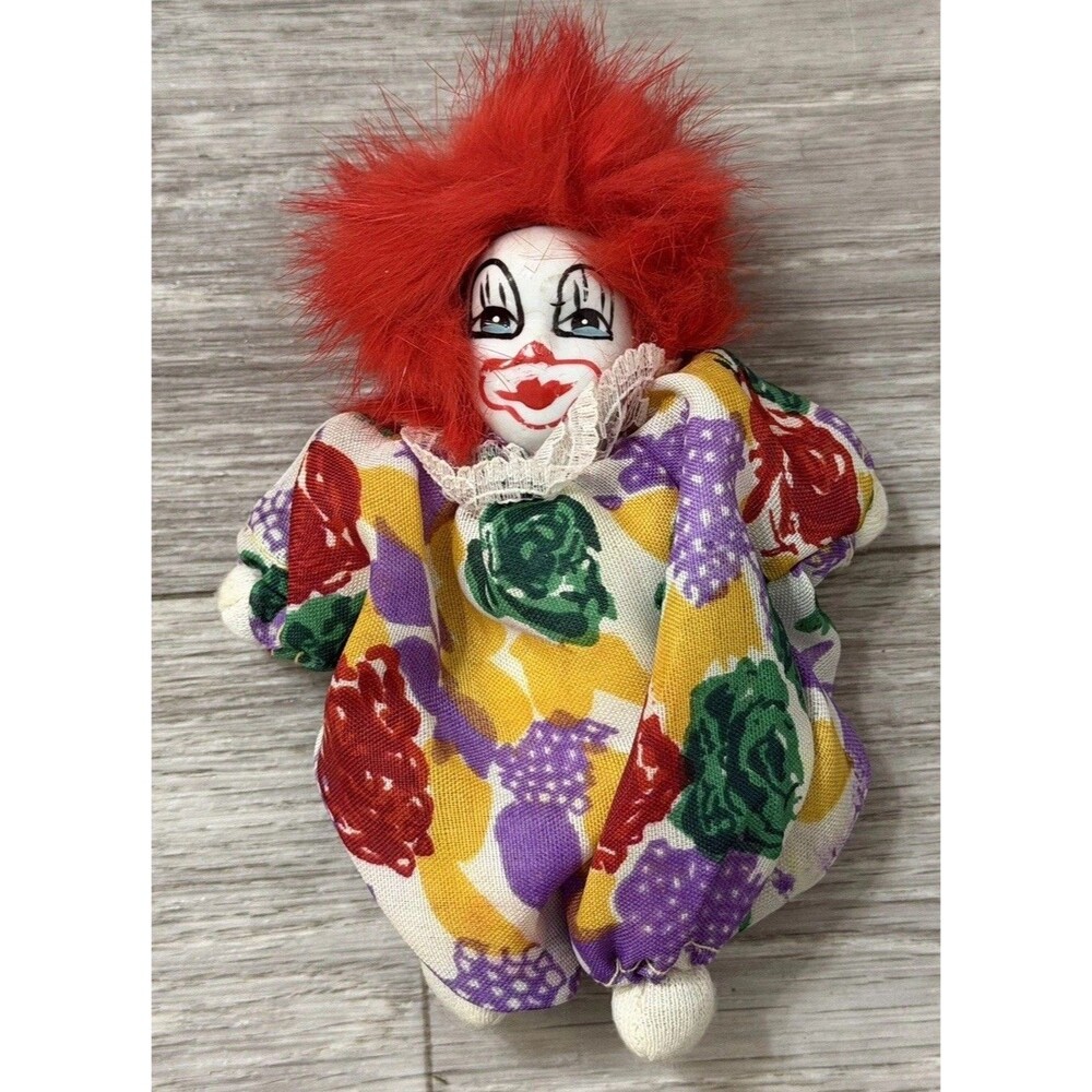 Vintage Imperial Porcelain Face Clown Doll 5” Plush Toy With Wild Red Hair
